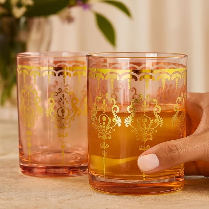 Khen Pink Moroccan Tumbler Glassware | Set of 2 | Gold Ornate Vintage Decorative Drinking Cups, Retro Bohemian Pattern Barware for Water, Whiskey, Cocktail, Iced Tea, Durable Embossed Home Drinkware