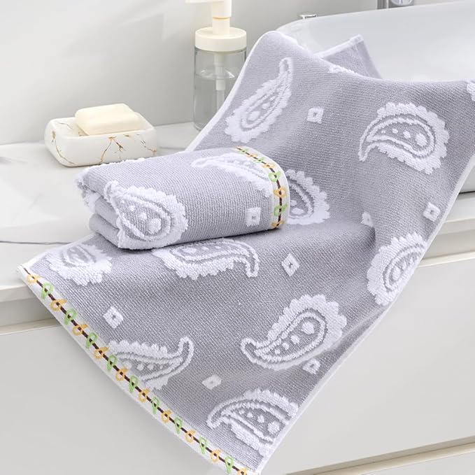 sense gnosis Grey Hand Towel Set of 2 Super Soft 100% Cotton Absorbent Paisley Pattren Jacquard Double-Faced Bath Hand Towels for Bathroom Home Decorative 13" X 29"