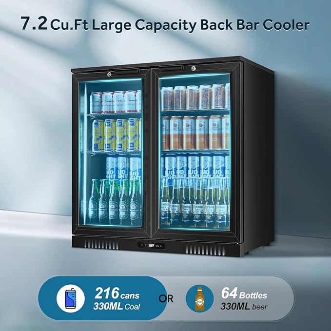 Tylza Back Bar Cooler With 2 Glass Doors, 7.2 Cu.Ft Under Counter Back Bar Refrigerator with LED Lighting, Safety Locks, Counter Height Bar Beverage Cooler for Beer, Soda Drinks, Wine, Black