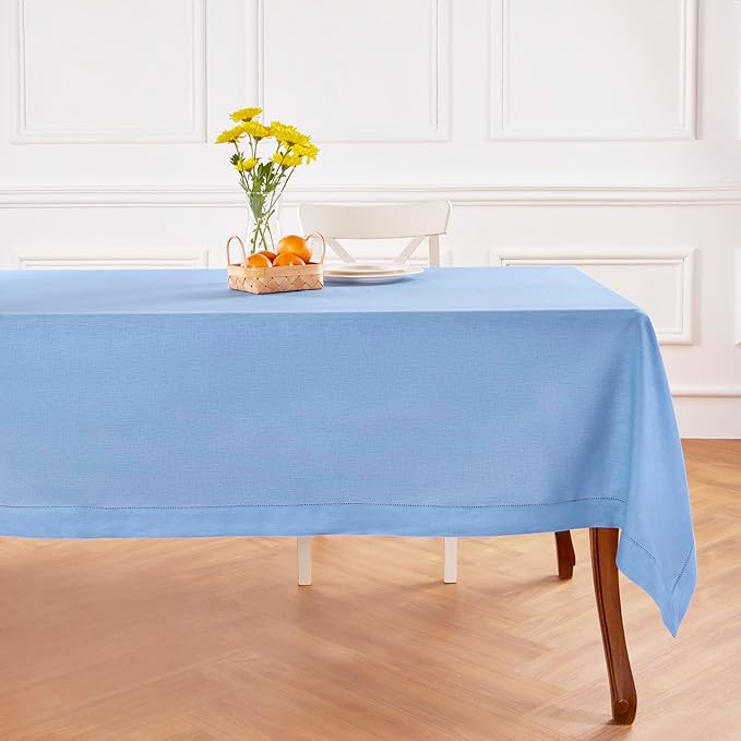 Solino Home Cornflower Blue Linen Tablecloth 60 x 90 Inch - 100% Pure Linen Hemstitch Table Cloth for Rectangle Tables - Classic Hemstitch, Machine Washable Tablecloth for Holiday, New Year