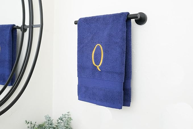 Navy Powder Room Hand Towel - Monogram Initial Hotel Quality Decorative Embroidered Luxury Towel for Spa - GOTS Organic Certified - Set of 2 Gold Letter Q