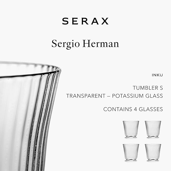 Serax Small Drinking Glasses Drinking Set of 4 | Inku Glassware by Sergio Herman | Clear Glass Tumbler Cups without Lids | Home Essentials, Cocktail Glasses | Drinks, Beer, Juice, Water