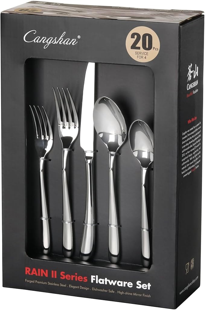 Cangshan RAIN II Flatware Set, Stainless Forged, Window Box, Metallic Finish (20-Piece)
