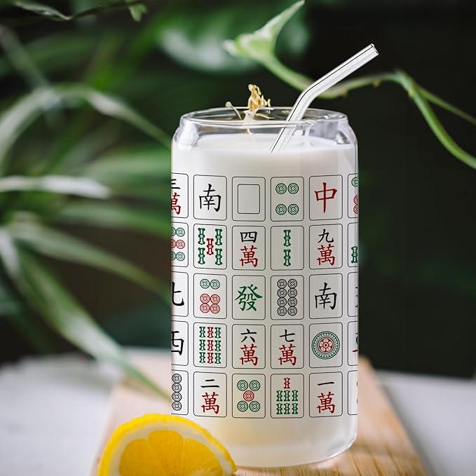 Mahjong Tiles Glass Cup with Lids and Straws 14oz, Gifts for Mahjong Players Lovers, Mah Jong Accessories Glass Iced Coffee Tumbler Drinking Jars with Cleaning Brush