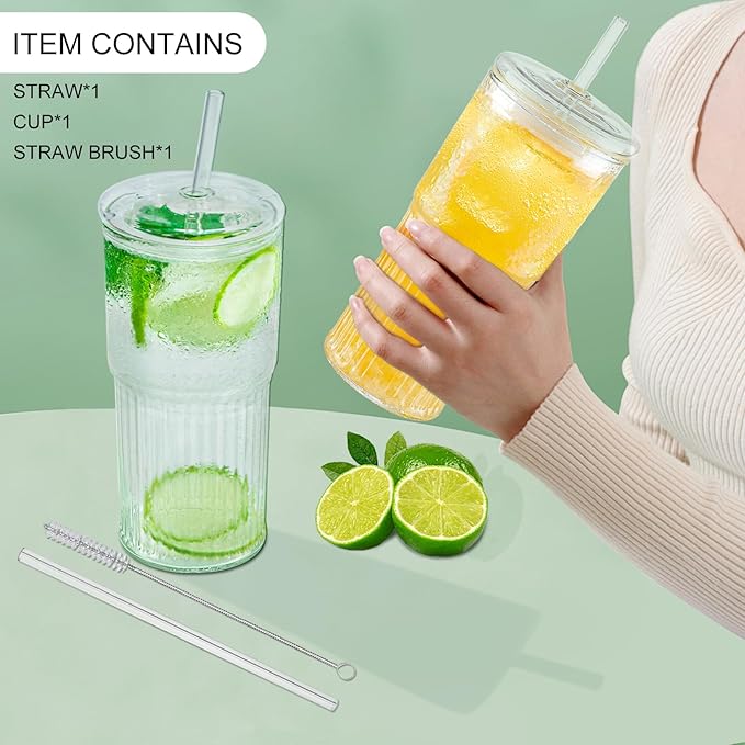 Glass Cups with Lids and Glass Straws, High Borosilicate 20OZ Tumblers for Coffee, Tea, Juice, Smoothies, Hot/Cold Drinks at Home, Office