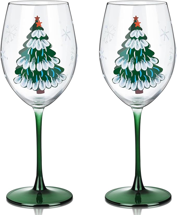 Joeyan Christmas Crystal Red and White Wine Glasses,Hand Painted Glass Goblet Drinking Glasses,Green Xmas Tree and Snowflakes Patterned Glass Tumbler Cups with Stem,Gift for Men Women,19.5 oz,Set of 2