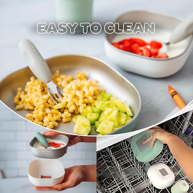BEABA Stainless Steel Meal Set | Microwave and Oven Safe | Baby Plates Baby Bowls and Cup with Anti-Slip Silicone Cover | Kids Plates Non Toxic, Sage Green