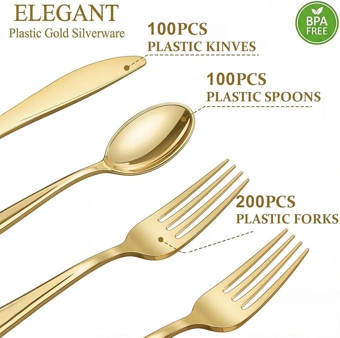 NOCCUR 400PCS Gold Plastic Silverware - Gold Plastic Cutlery Include 200 Forks, 100 Spoons, 100 Knives, Disposable Silverware Perfect for Party&Daily Using