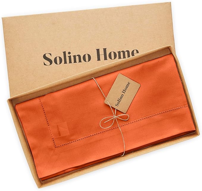 Solino Home Cotton Linen Tablecloth for Rectangle Tables 58 x 84 Inch - Hemstitch Burnt Orange Table Cloth - Machine Washable Cloth Tablecloth