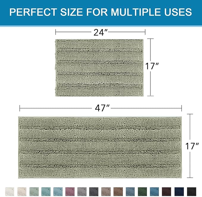 H.VERSAILTEX Bathroom Rug Sets 2 Piece Bath Mats Non Slip Thick Soft Chenille Striped Bath Rug achine Washable Shower Floor Rugs for Tub, Shower and Floor (Eucalyptus Green, 47" x 17"/17" x 24")