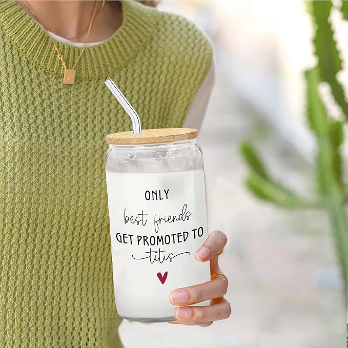Titi Aunt Announcement Gifts Glass Cup with Lids and Straws 14oz, Pregnancy Announcement for Aunt Auntie, Get Promoted to Titi Glass Iced Coffee Tumbler Drinking Jars with Cleaning Brush