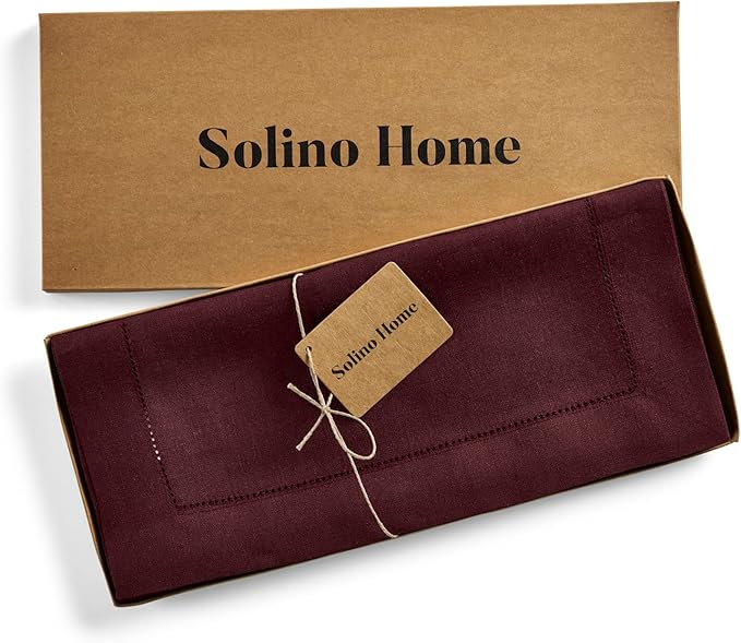 Solino Home Linen Burgundy Table Runner 108 Inches Long - 100% Pure Linen 14 x 108 Inch Table Runner for Valentines, Winter, New Year - Classic Hemstitch