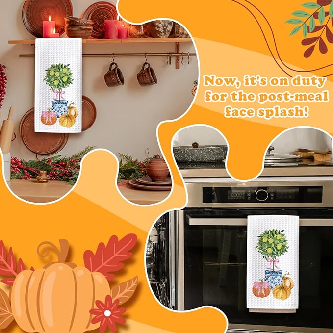 Fall Kitchen Towels Blue and White Pumpkin Kitchen Hand Towels, Chinoiserie Pumpkin Fall Decor Waffle Weave Dish Cloths 16x23.5 Inch, Farmhouse Autumn Thanksgiving Halloween Bathroom-C10