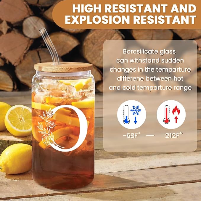 SANDJEST Monogrammed Gifts for Women - Monogram O Initial Glass Cup 16 Oz Can Coffee Cups with Lid and Straw - Monogram Initials Gifts for Womens on Birthday