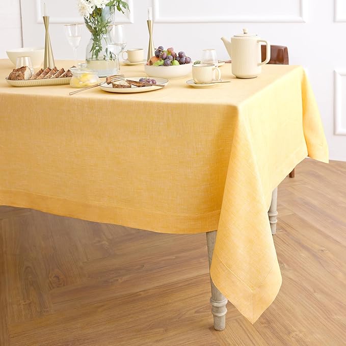 Solino Home Linen Tablecloth 60 x 120 Inch - 100% Pure Linen Chambray Mustard Yellow Table Cloth for Rectangular Tables - Athena, Machine Washable Cloth Tablecloth