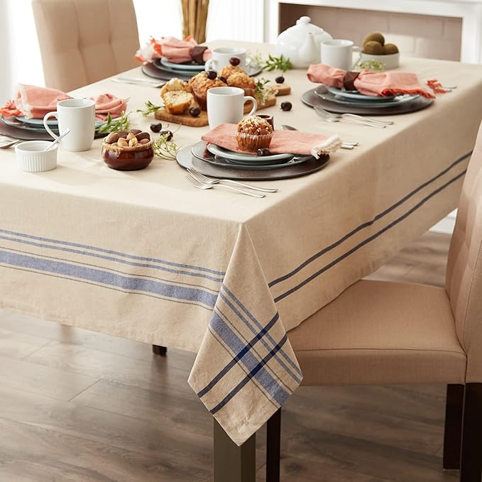 DII French Stripe Dining Table Collection Farmhouse Style Tablecloth, 60x84 Inches, Taupe/Blue