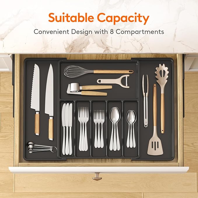Lifewit Silverware Drawer Organizer, Expandable from 15.4 to 27 inches, Utensil Tray for Kitchen, Adjustable Cutlery Holder, Plastic Flatware Storage for Spoons Forks Knives, Extra Large, Black