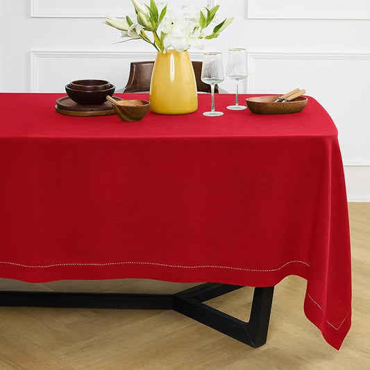 Solino Home Linen Red Tablecloth 70 x 70 Inch - Sonoma Hemstitch, 100% Pure Linen Square Tablecloth - Machine Washable Table Cloth for Valentines, Holiday, Winter, New Year