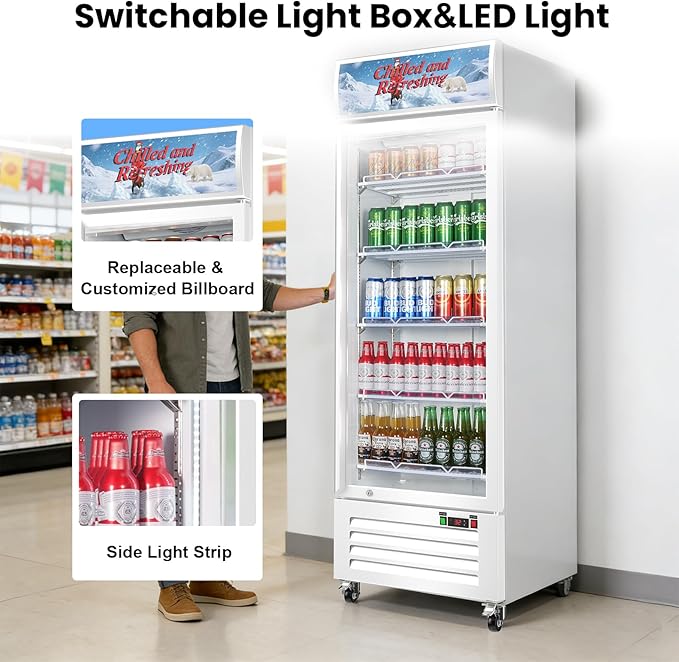 Commercial Beverage Refrigerator with Glass Door, 383L Display Fridge Beverage Cooler with Customizable Lightbox Adjustable Shelves, Drink Fridge Merchandiser for Restaurant Shop, White