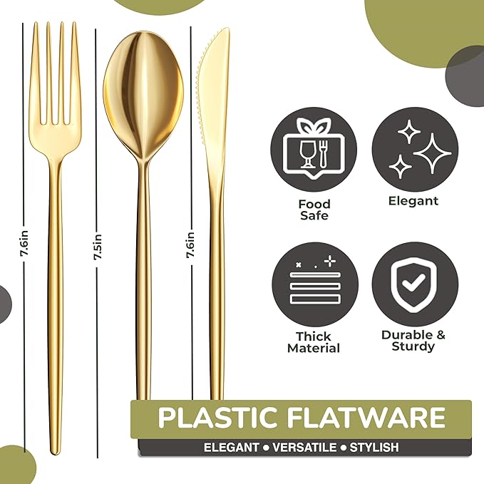 Trendables Gold Plastic Forks and Spoons Disposable Silverware Set 360 Pack Plastic Utensils Set Includes 3 x 120 each Knives & Soup Spoons & Gold Forks Disposable Cutlery For Parties and Events