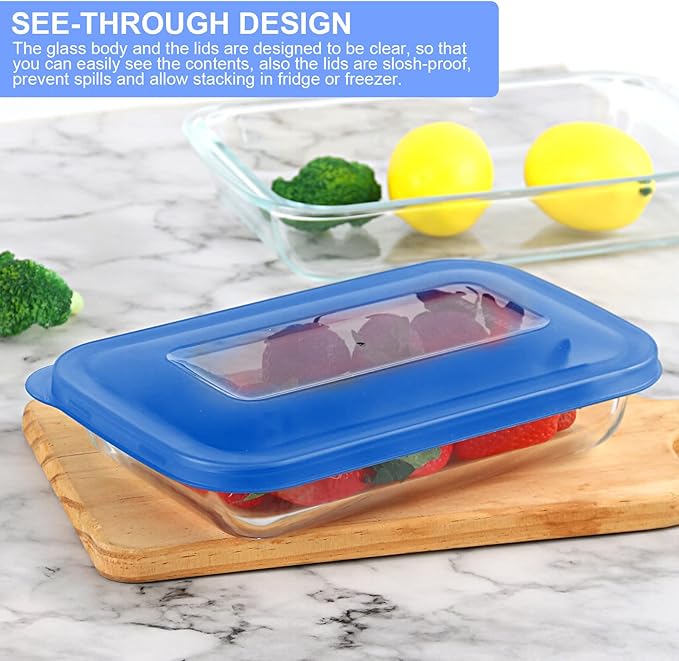 KOMUEE 8 Pieces Glass Baking Dish with Lids Rectangular Glass Baking Pan Bakeware Set with BPA Free Lids, Baking Pans for Lasagna, Leftovers, Cooking, Kitchen, Fridge-to-Oven,Blue