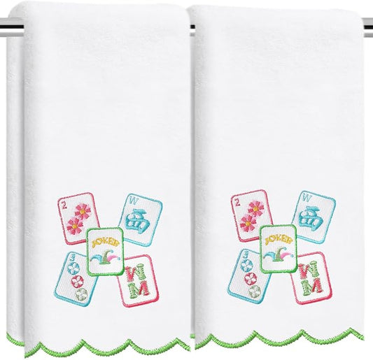 2Pcs Mahjong Scalloped Hand Towels Mah Jong Embroidered Cotton Bathroom Towels Decorative Dish Towel for Home Bathroom Kitchen Decor Mahjong Lover Gifts, 15.7x27.6 Inch