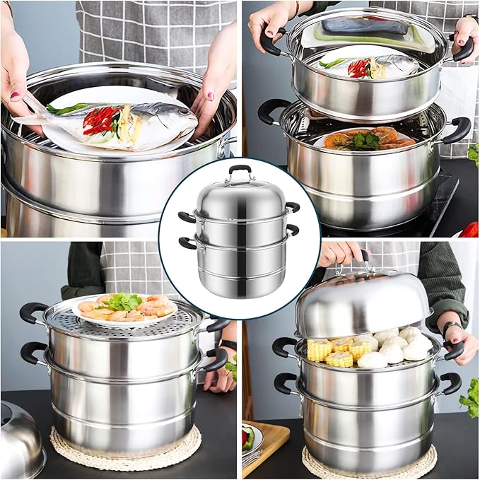 MANO Steamer Pot for Cooking 11 inch Steam Pots with Lid 2-tier Multipurpose Stainless Steel Steaming Pot Cookware with Handle for Vegetable, Dumpling, Stock, Sauce, Food