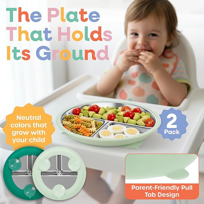 Stainless Steel Kids Plates with Suction - 9" Stainless Steel Toddler Plates with Dividers and Strong Hold Silicone Base - Feeding Dinnerware for Baby, Dishwasher Safe Suction Plate Non Toxic