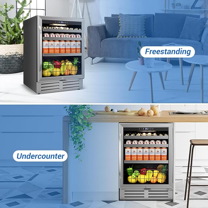 24" Beverage Refrigerator Undercounter | 180 Can Capacity | Built-In Undercounter Cooler | Glass Door for Soda, Water, Beer | Home, Bar, or Office Use