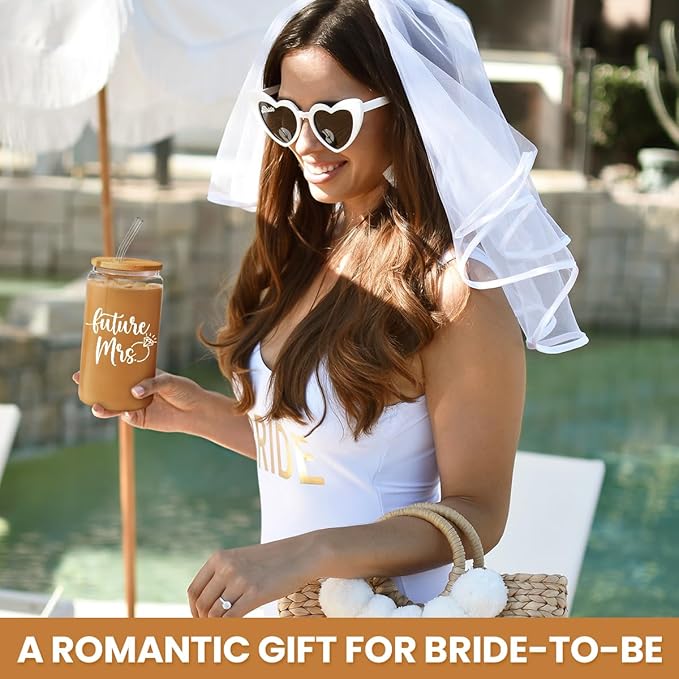 SANDJEST Future Mrs Glass Coffee Cup 16 Oz with Bamboo Lid and Straw - Bridal Shower Gift - Engagement & Bachelorette Gifts for Bride