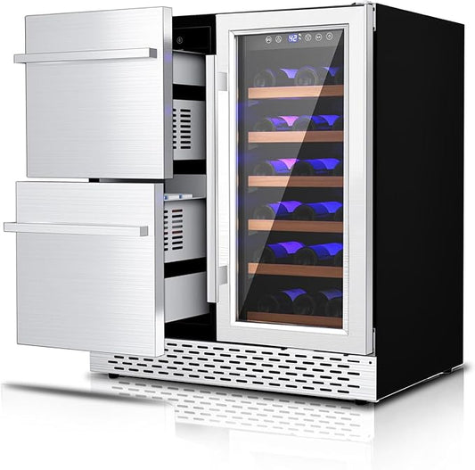 30'' Outdoor Wine and Beverage Refrigerator 120 Cooler, 2 Drawer Dual Zone Wine Fridge with Intelligent Control Advanced Compressor Under Counter Freestanding for Patio Bar Cabinet