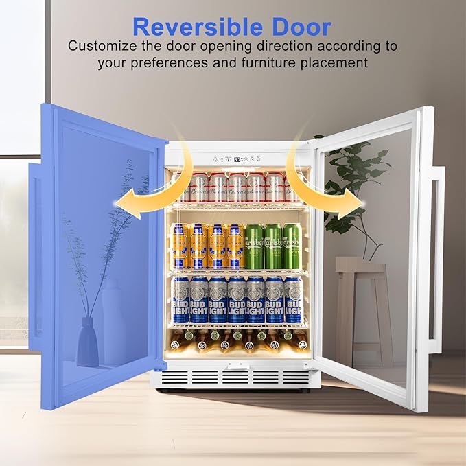 24 Inch Beverage Refrigerator with Glass Door, Undercounter Beverage Fridge 200 Cans Large Capacity, Beverage Cooler for Beer Soda with Reversible Door, Temperature Control, Safety Lock, White