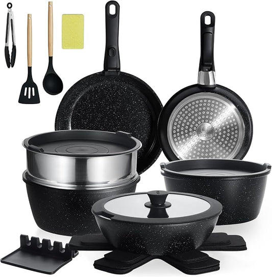 21PCS ceramic cookware set,Nonstick ceramic pan, Removable Handle pots and pans set, Stackable Pan Set, Ceramic Nonstick Pan Pots and Pans Set Non Stick(Black)