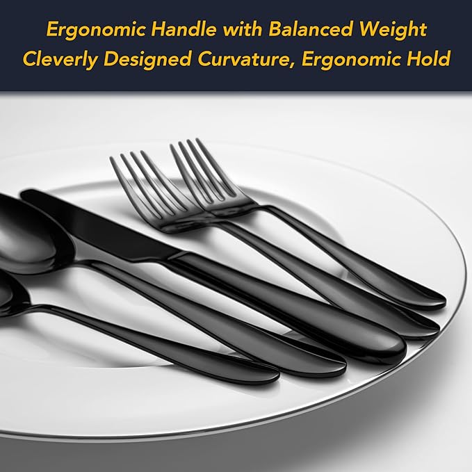 40 Piece Black Silverware Set Service for 8, EIUBUIE Premium Stainless Steel Black Cutlery Set, Mirror Polished Flatware Sets, Modern Kitchen Eating Utensils Sets Include Forks Spoons Knives
