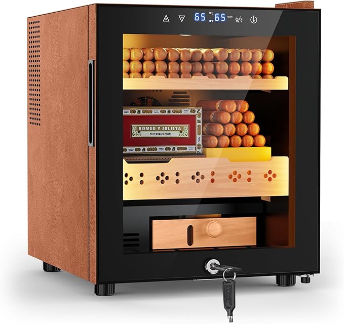 Tylza Leather Trim Cigar Humidor, 50L Cigar Humidor Cabinet with Auto Humidity & Temp Control, 400 Counts, 3 LED Lights, Spanish Cedar Wood, Cigar Humidors with Safety Lock, Gifts for Men