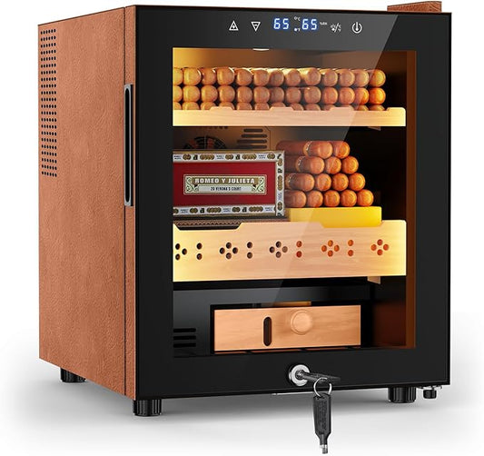 Tylza Leather Trim Cigar Humidor, 50L Cigar Humidor Cabinet with Auto Humidity & Temp Control, 400 Counts, 3 LED Lights, Spanish Cedar Wood, Cigar Humidors with Safety Lock, Gifts for Men