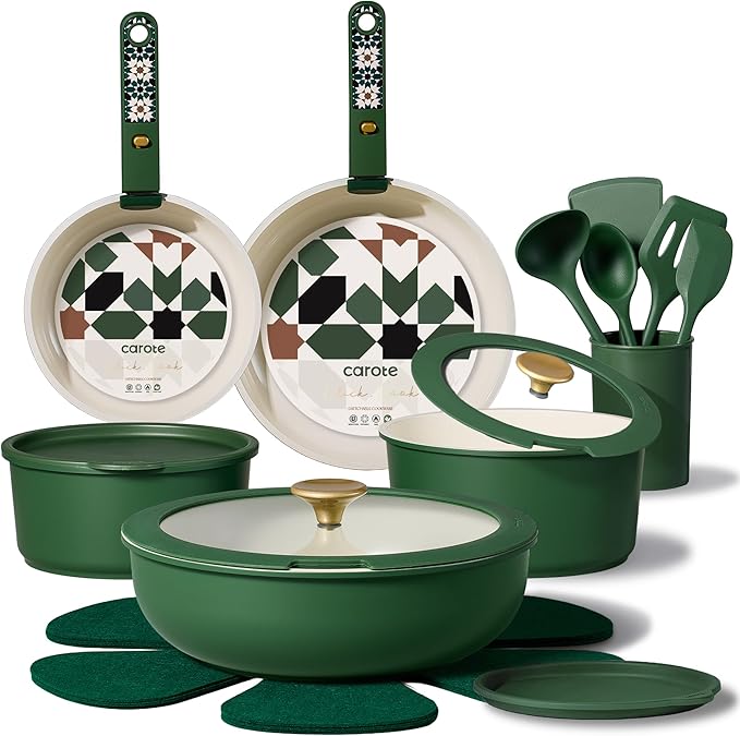 CAROTE 21Pcs Ceramic Cookware Set, Pots and Pans Set Non stick, Non Toxic Cookware Detachable Handle, Kitchen Cooking Set - Induction Cookware, Dishwasher/Oven Safe, PFAS Free, Green