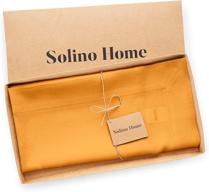 Solino Home Linen Tablecloth 52 x 52 Inch - 100% Pure Linen Tangerine Yellow Square Tablecloth - Fete, Machine Washable Table Throw