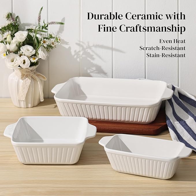 DOWAN Casserole Dishes for Oven, Baking Dishes Set, Ceramic Bakeware Sets of 3, Lasagna Pan Deep, Rectangular Baking Pan Set with Handles for Baking, Casserole, Kitchen, Wedding Gift, White (13''/8''/4'')
