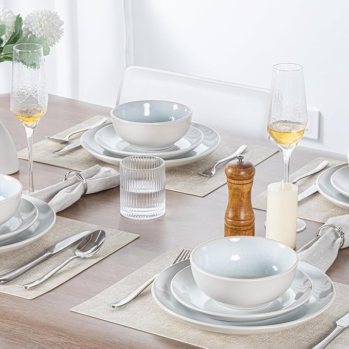 Plates and Bowls Sets for 4 - CJDC-QUELO 12-Piece Stoneware Dinnerware Sets, Ceramic Dishware Set for Kitchen Use and Formal Dining, Chip and Scratch Resistant Microwave Dishwasher Safe, Off White