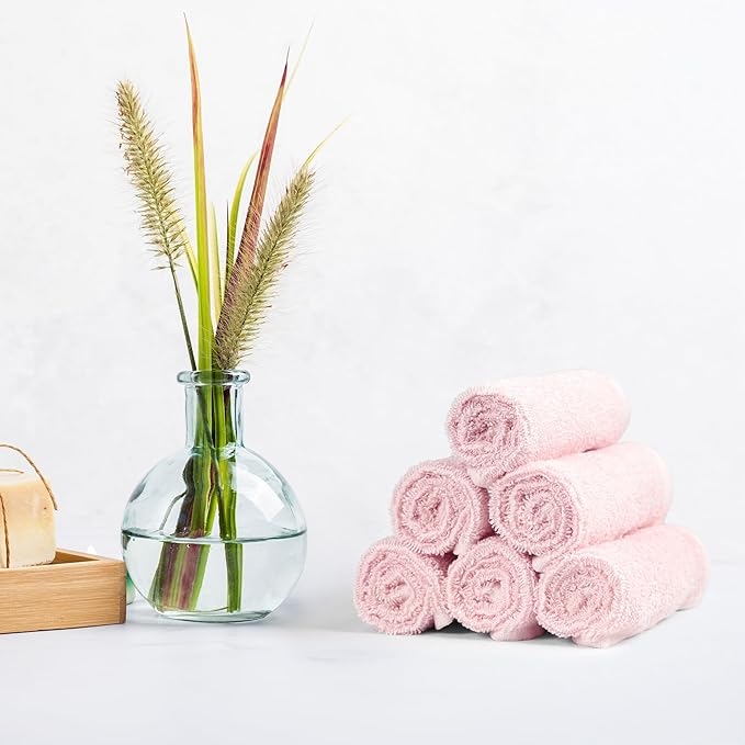 Amazon Basics washcloth for Bathroom, 100% Cotton Extra Absorbent, Fast Drying - Salon Towels, Petal Pink, Lavender, White, 12 x 12 in (Pack of 144)