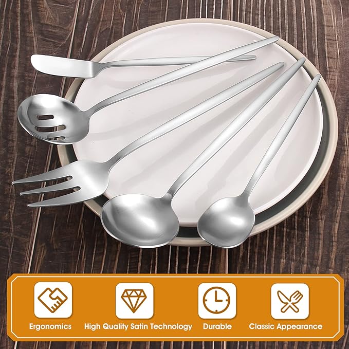 Matte Serving Silverware Set, 5-Piece Round Shared Utensils Set of Stainless Steel, Hostess Flatware Serving Set, Satin Finish, Dishwasher Safe
