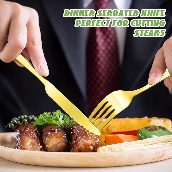 Nuenen 150 Pcs Stainless Steel Set Include 75 Dinner Forks and 75 Knives, Metal Steak Knives Forks Flatware Tableware Cutlery Set for Home Restaurant Hotel, Mirror Polished, Dishwasher Safe (Gold)