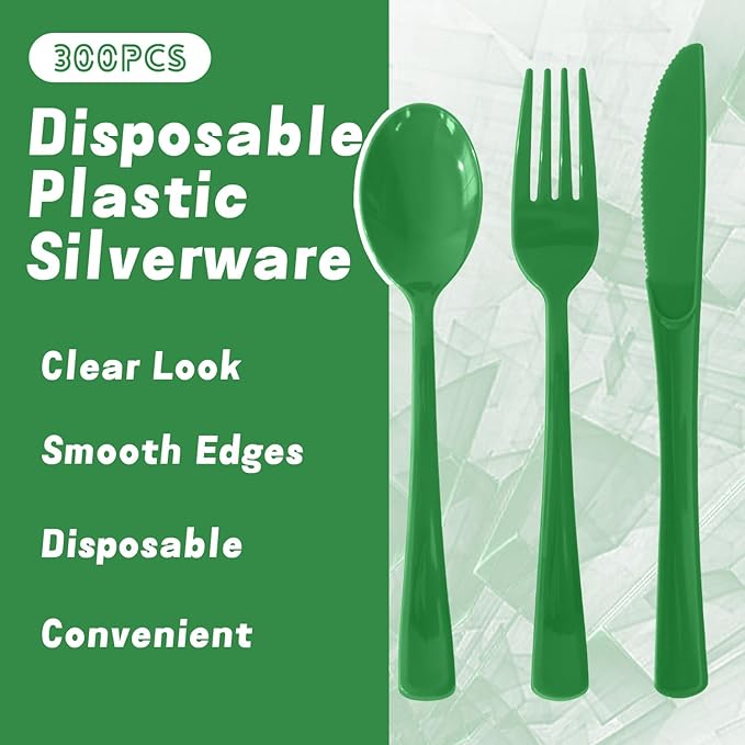300 Pack Disposable Plastic Silverware, Heavy Duty Green Plastic Cutlery Set Includes 100 Forks 100 Knives 100 Spoons for Birthday Wedding Party Picnics (300, Green)