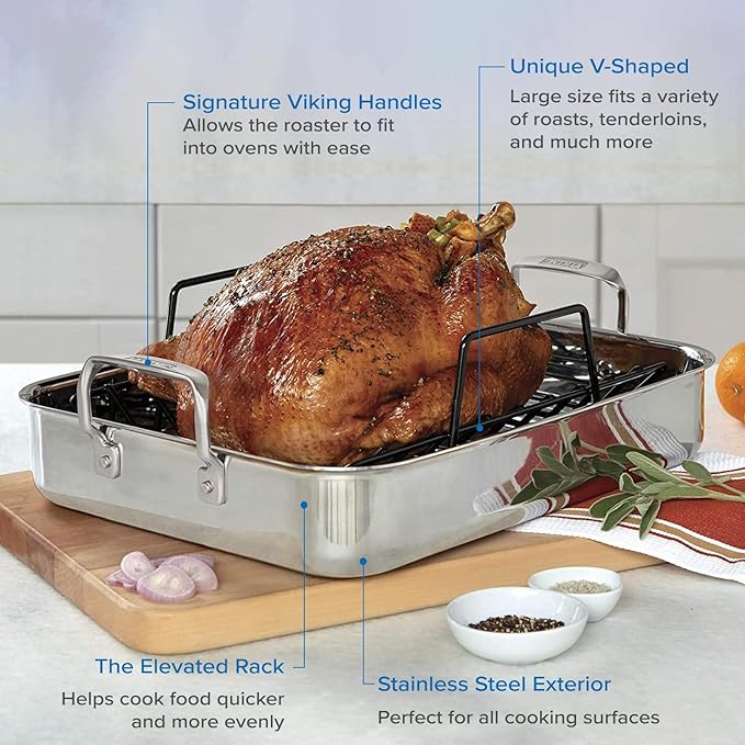 Viking 3-Ply Stainless Steel Roasting Pan with Non Stick Rack, 16 x 13 Inch Kitchen Cookware, Great for Turkey, Includes Probe Thermometer, Dishwasher and Oven Safe, Induction Ready, Silver