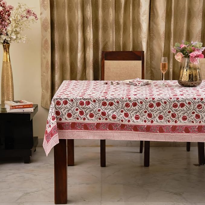 Ridhi -Sangria Red Cotton Tablecloth, Handblock Print Floral Table Cloth for Kitchen Dining Linen I Thanksgiving, Christmas, Wedding, Fall Décor 4 Seater 60x60 Inches Square