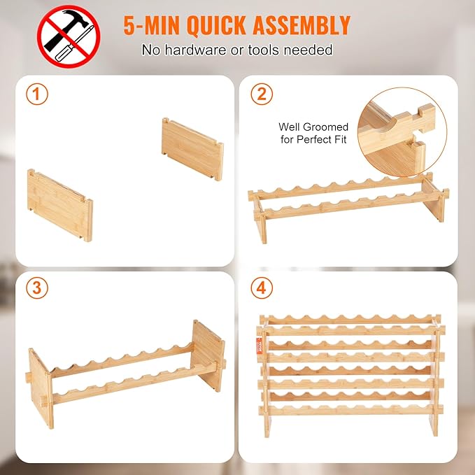 VEVOR 18 Bottle Stackable Modular Wine Rack, 2-Tier Solid Bamboo Wood Storage Racks, Floor Freestanding Wines Holder Display Shelf, Wobble-Free Shelves for Kitchen, Bar, and Cellar (Natural Color)