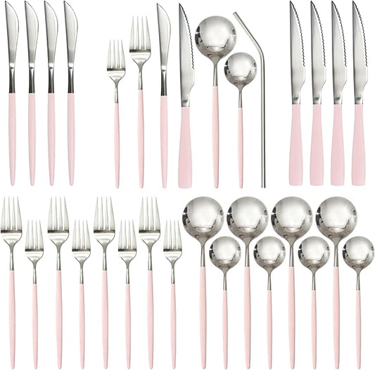 Astercook Silverware Set with Steak Knives 24-Piece Flatware Set for 4 Food-Grade Stainless Steel Pink Cutlery Set Mirror Polished Utensils Set Include Spoons and Forks for Home Kitchen Restaurant