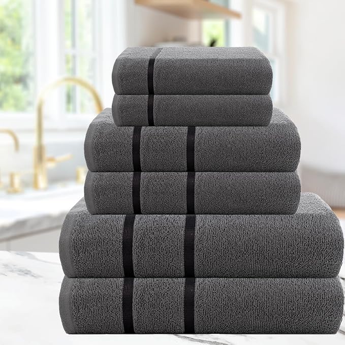 CASA COPENHAGEN Eternal 6 Pieces Towel Set- Pine Grey, 500 GSM 2 Bath Towel 2 Hand Towel 2 Washcloth, Designed in Denmark Made of Soft Egyptian Cotton for Bathroom, Kitchen & Shower