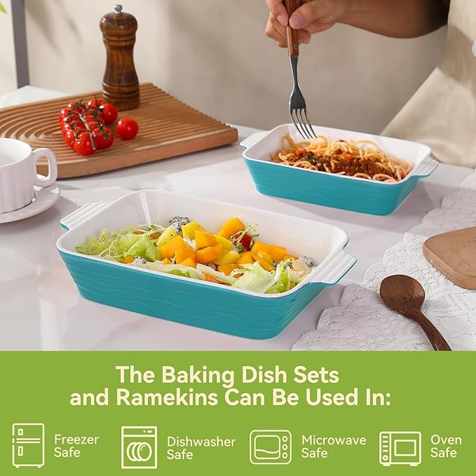 Baking Dish for Oven Casserole Dishes Bakeware Set With Ramekin Ceramic Lasagna Pan 9×12.8 Inch Large Deep Baking Dishes Rectangular Non-Stick Baking Pans for Kitchen Baking and Roasting Turquoise